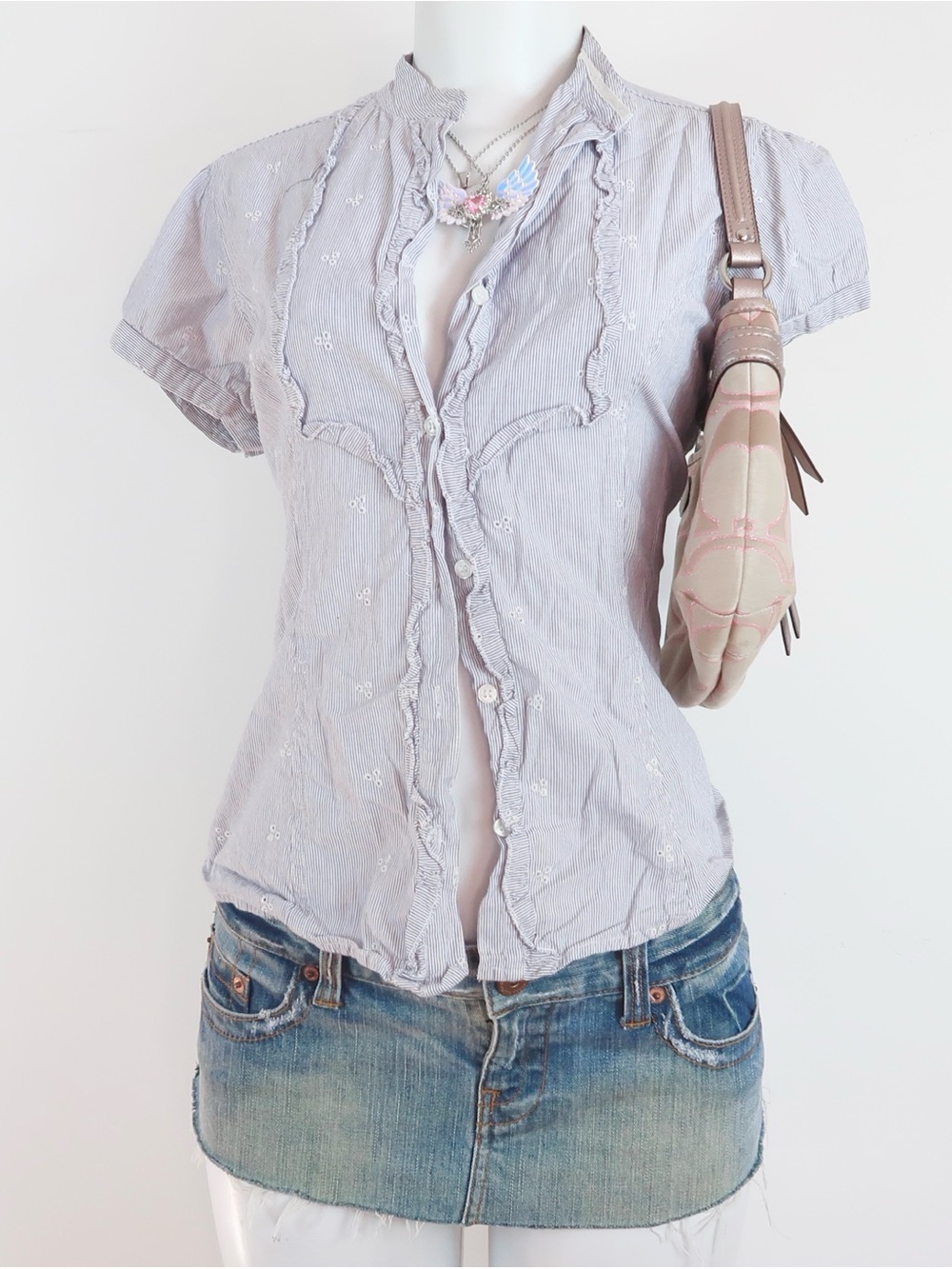 y2k pinstripe eyelet blouse coquette office siren ruffle button up top